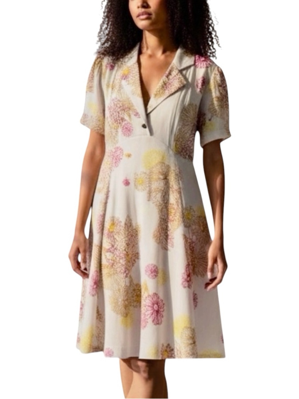 Free People Floral Collared Midi Dress in Cream with Pink & Yellow Accent Sz XS